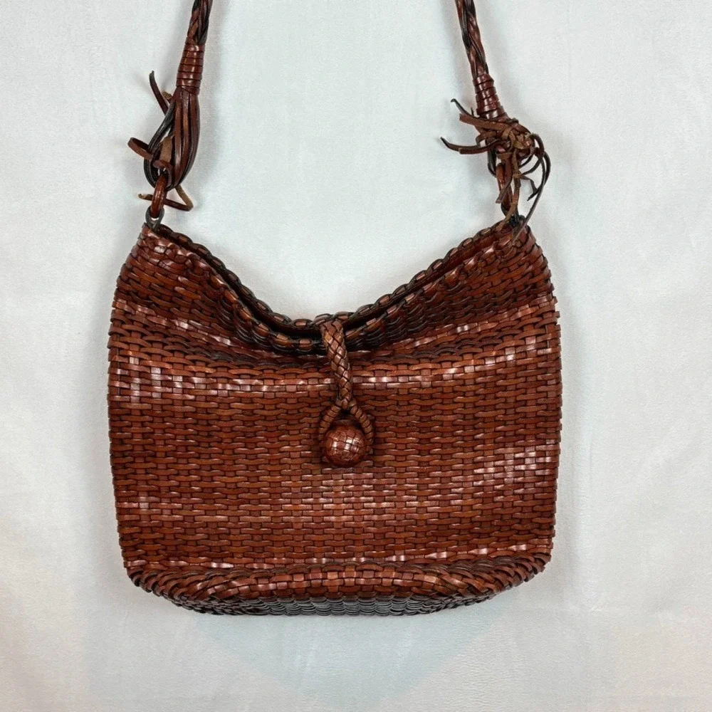 VTG BONANI Basket Weave Leather Crossbody Shoulder Bag‎ Purse Boho Unique